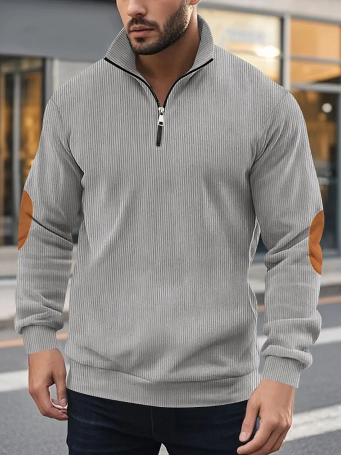 Men's Quarter Zipper Pullover Corduroy Crew Neck Sweatshirt Spring Autumn Casual Knit Long Sleeve Polo Shirt