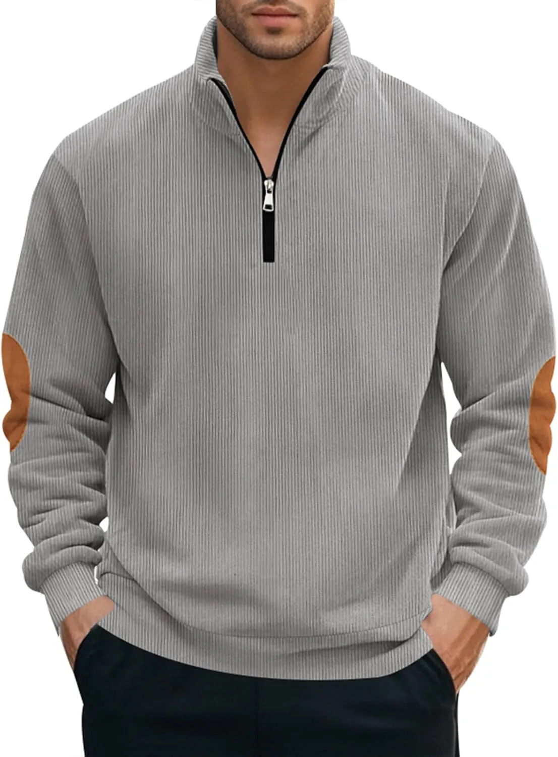 Men's Quarter Zipper Pullover Corduroy Crew Neck Sweatshirt Spring Autumn Casual Knit Long Sleeve Polo Shirt