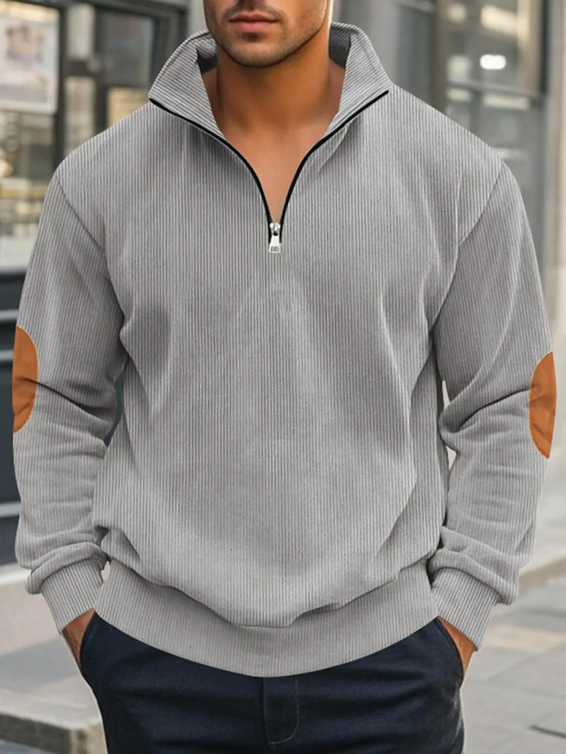 Men's Quarter Zipper Pullover Corduroy Crew Neck Sweatshirt Spring Autumn Casual Knit Long Sleeve Polo Shirt