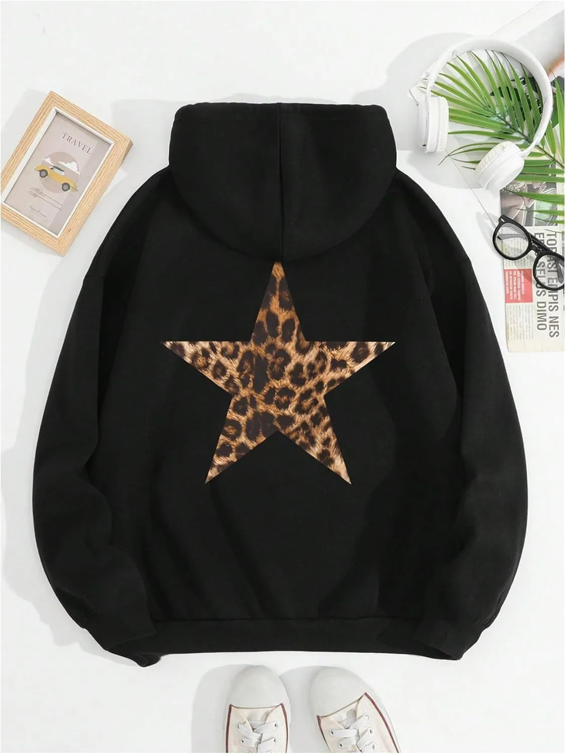 Milumia Women's Star Graphic Cheetah Print Hoodie Leopard Print Loose Fit Sweatshirt