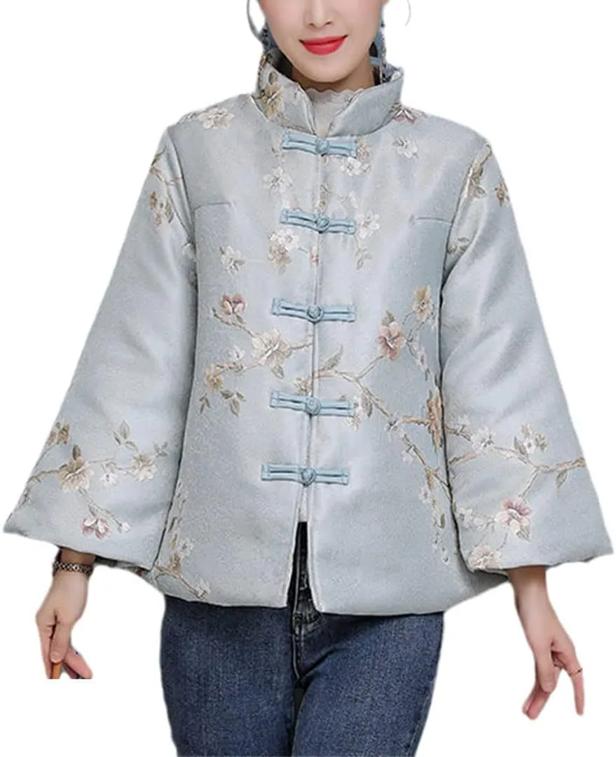 Mokkpeq Women's Thickened Cotton Jacket Chinese Style Cheongsam Padded Coat Long Sleeve Stand Collar Parkas