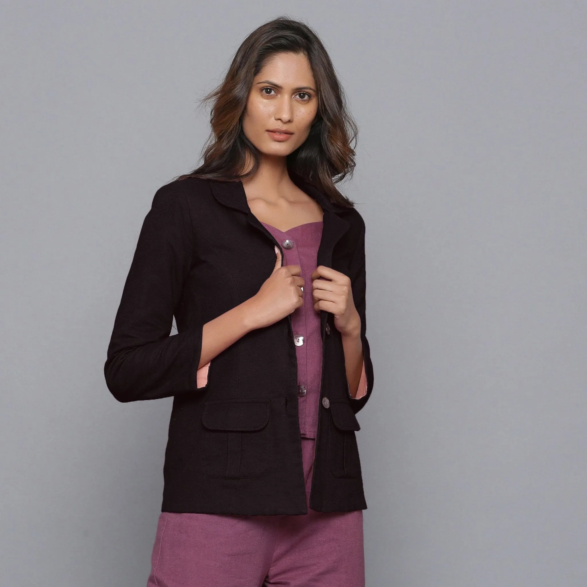 Moonlight Black Slim Fit Warm Cotton Flannel Blazer