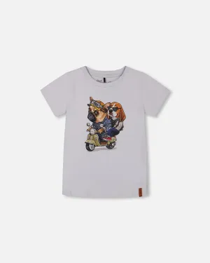 Organic Cotton Graphic Tee Pale Blue And Puppies