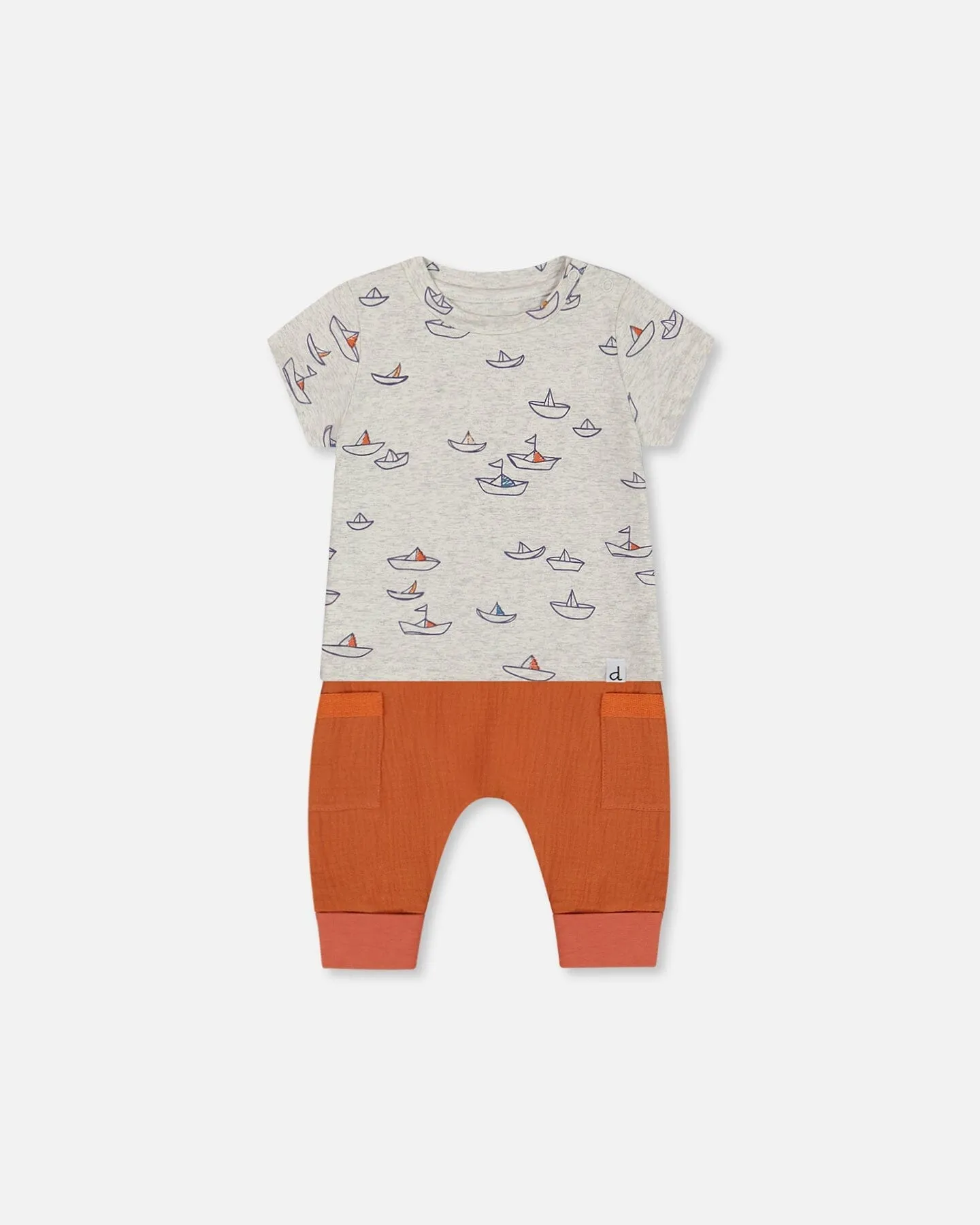 Organic Cotton Top And Muslin Pant Set Little Paper Boats And Terracotta