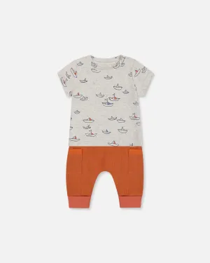 Organic Cotton Top And Muslin Pant Set Little Paper Boats And Terracotta