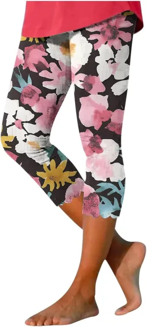 Plus Size Womens Clothing Womens Clothes Clearance of Sale Log in Capri Leggings for Women 2025 Floral Print High Waist Tummy Control Yoga Pants Casual Silm Fit Tights Cropped Trouser 5-Pink Medium