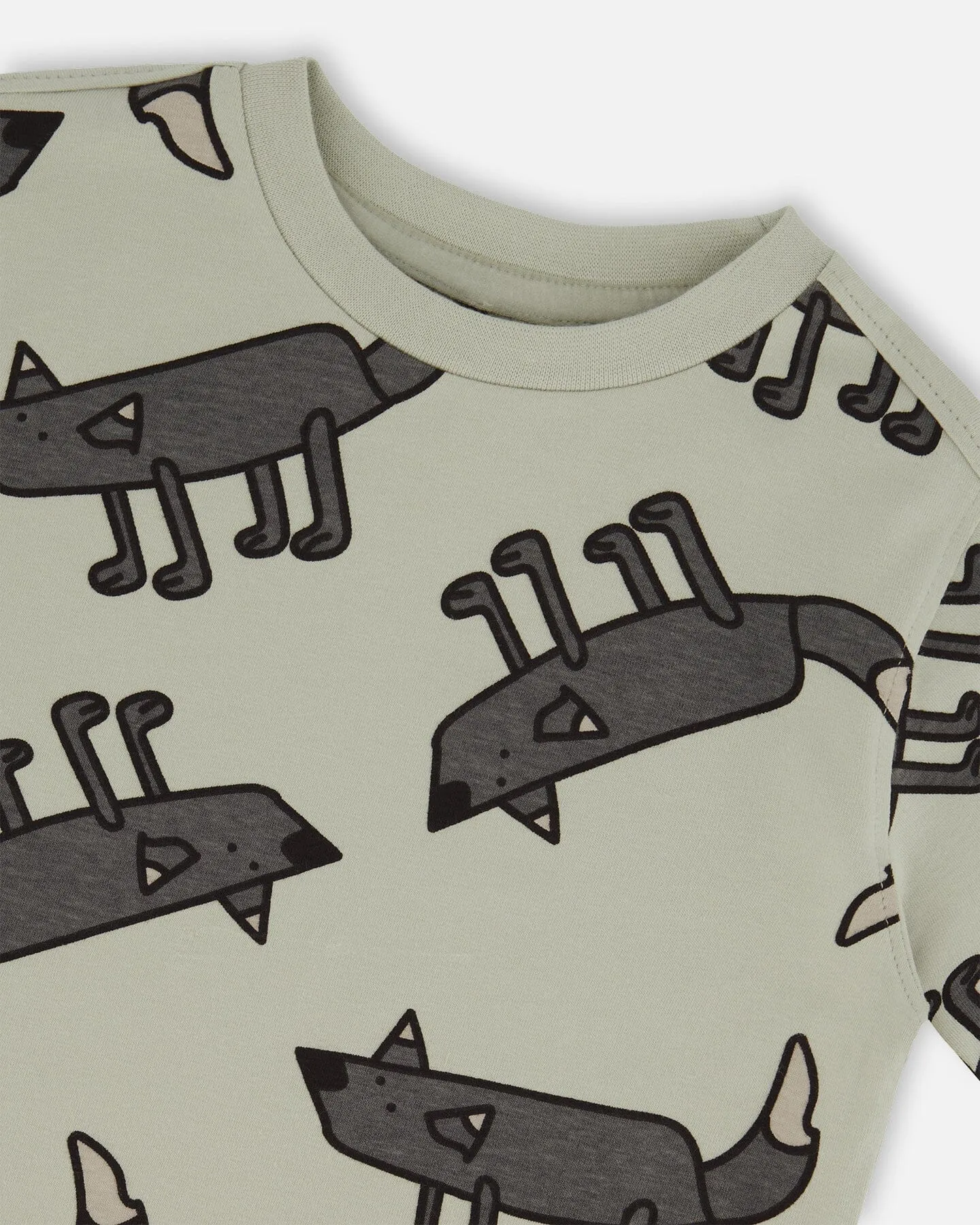 Printed Organic Cotton Tee Gray Wolf On Teal Background
