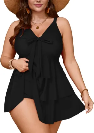 SCOMCHIC Women's Plus Size Swimsuit One Piece Tummy Control Ruffled Swim Dress V Neck Tankini Swimwear Bathing Suit