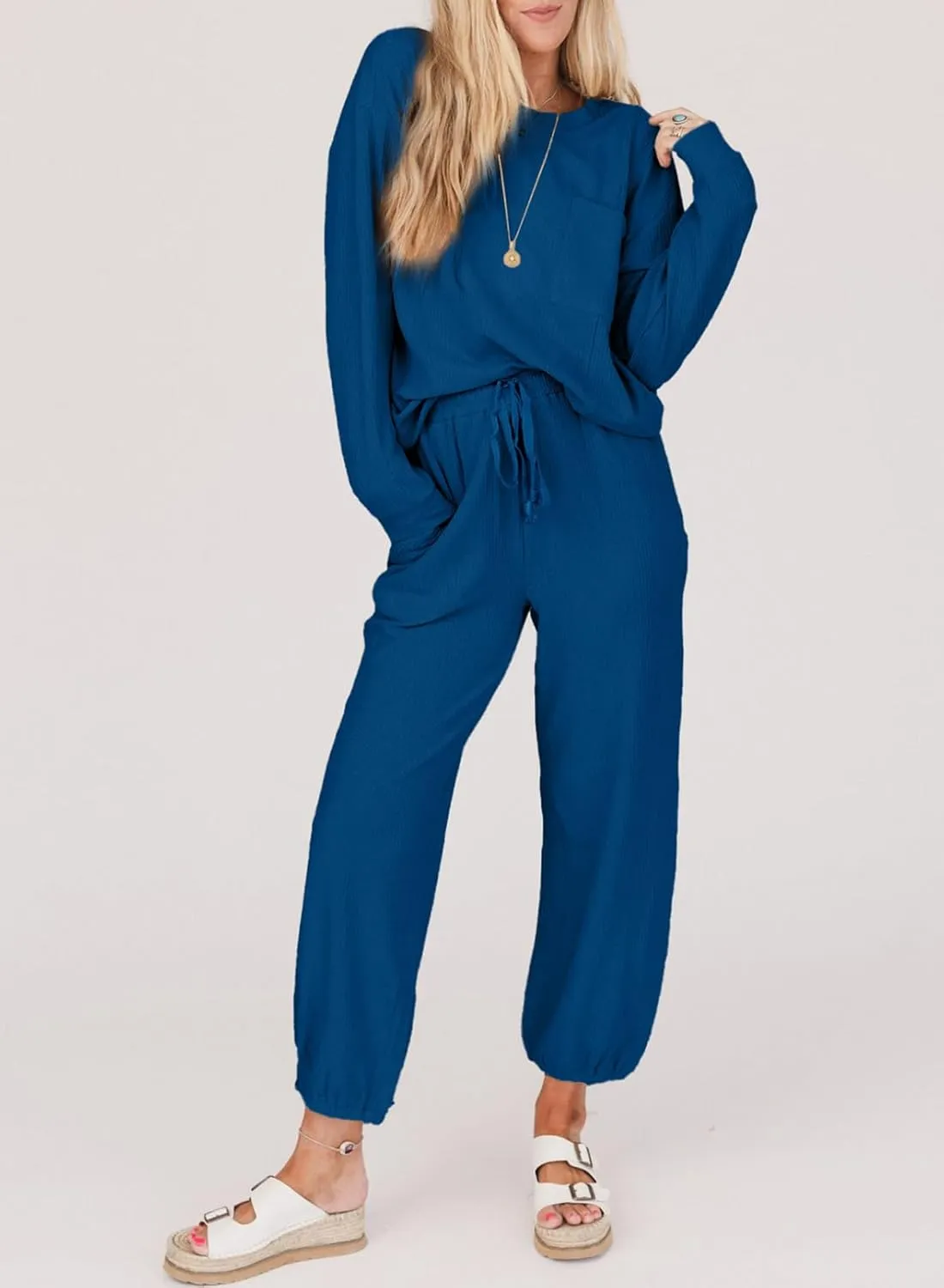 SHEWIN Women's 2 Piece Outfits Waffle Knit Lounge Sets Casual Long Sleeve Pullover Drawstring Jogger Pants Tracksuit Set