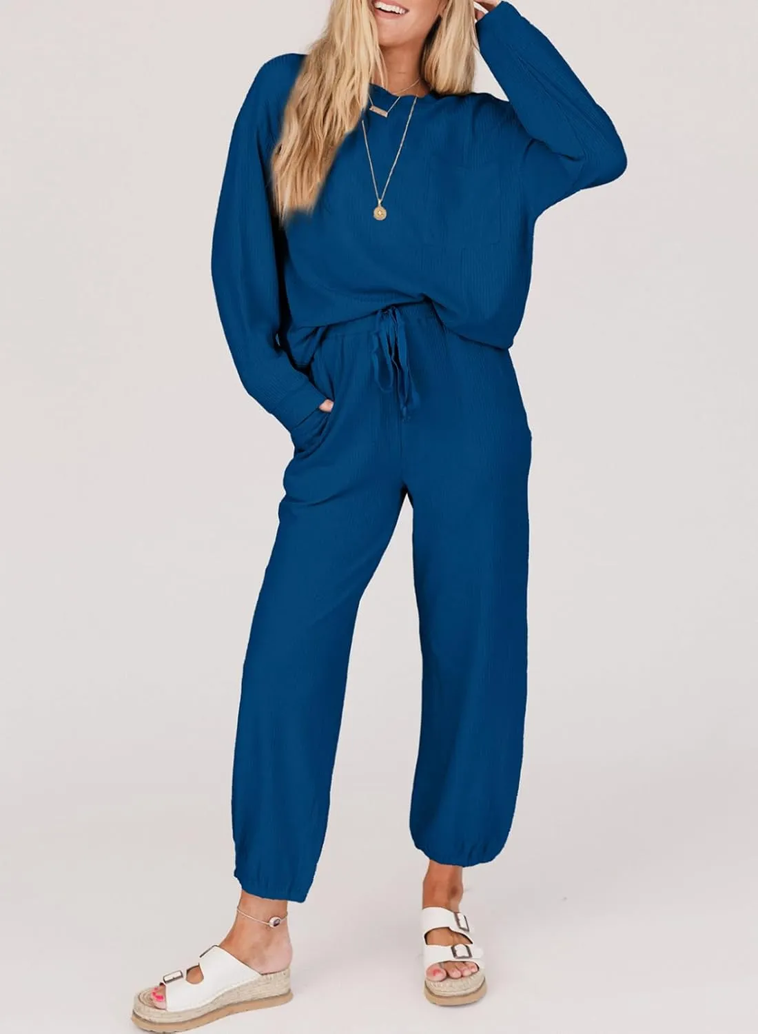 SHEWIN Women's 2 Piece Outfits Waffle Knit Lounge Sets Casual Long Sleeve Pullover Drawstring Jogger Pants Tracksuit Set