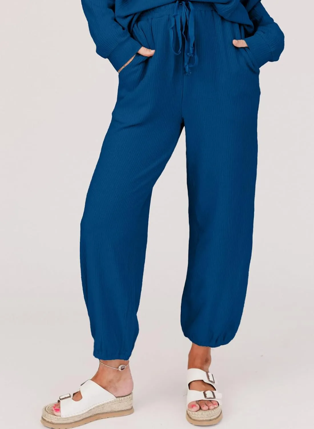 SHEWIN Women's 2 Piece Outfits Waffle Knit Lounge Sets Casual Long Sleeve Pullover Drawstring Jogger Pants Tracksuit Set