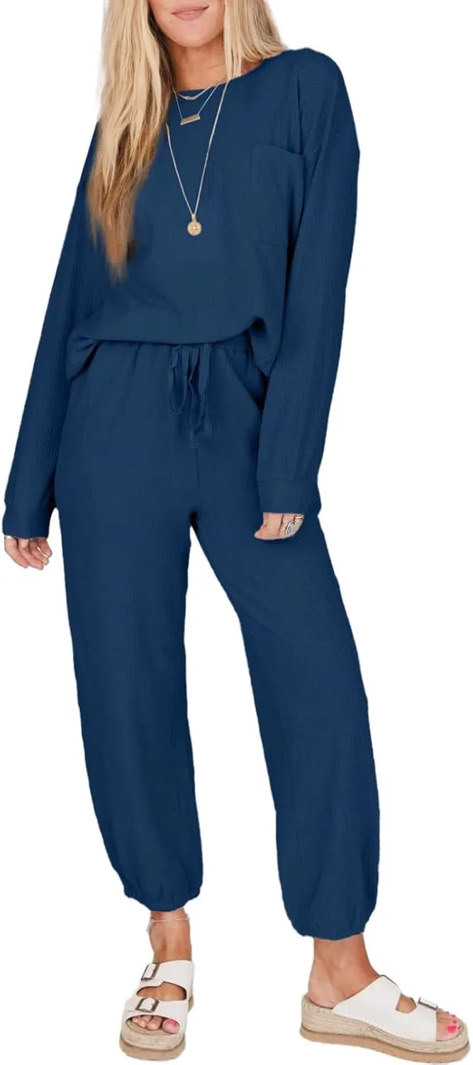 SHEWIN Women's 2 Piece Outfits Waffle Knit Lounge Sets Casual Long Sleeve Pullover Drawstring Jogger Pants Tracksuit Set