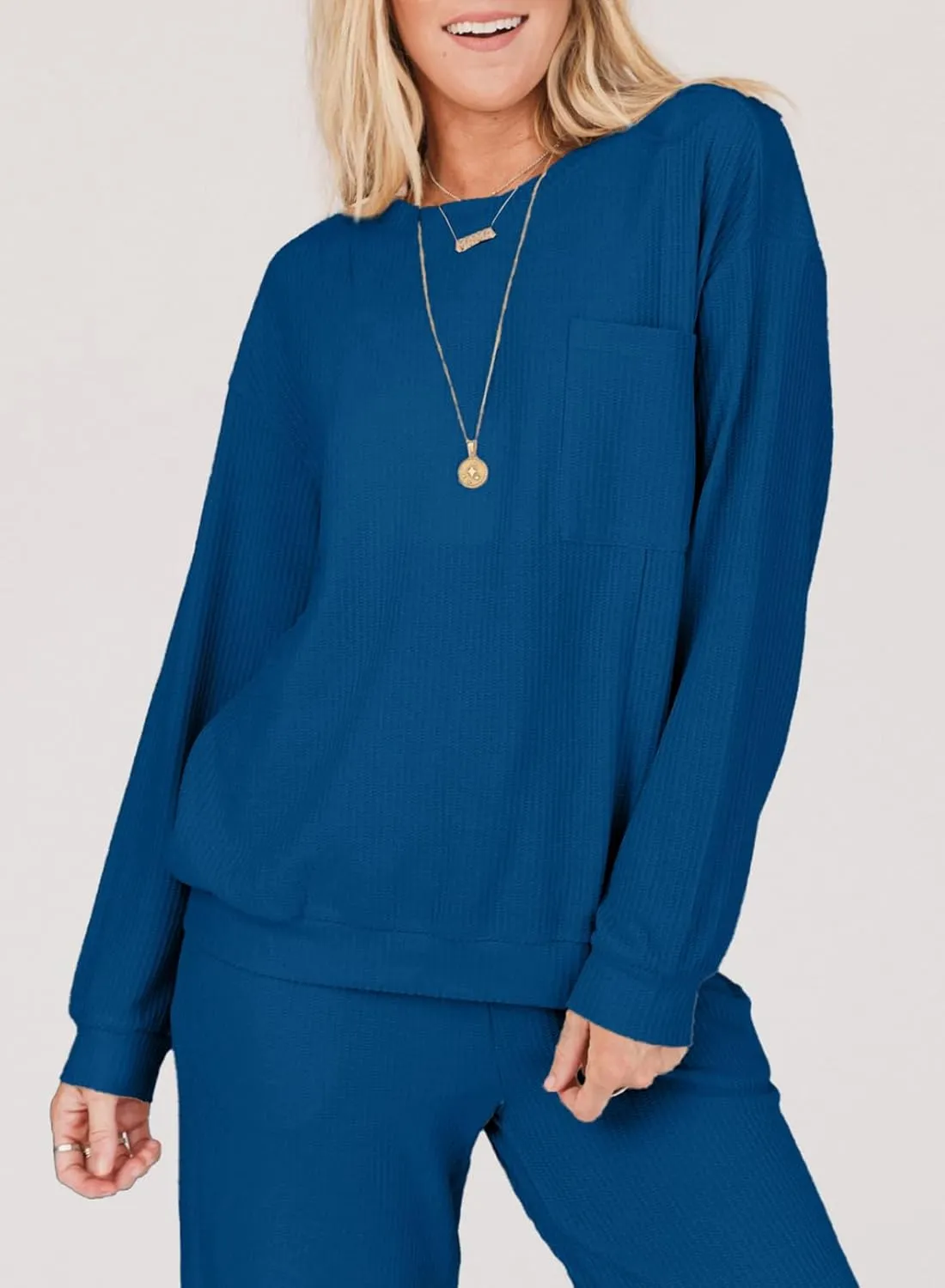 SHEWIN Women's 2 Piece Outfits Waffle Knit Lounge Sets Casual Long Sleeve Pullover Drawstring Jogger Pants Tracksuit Set