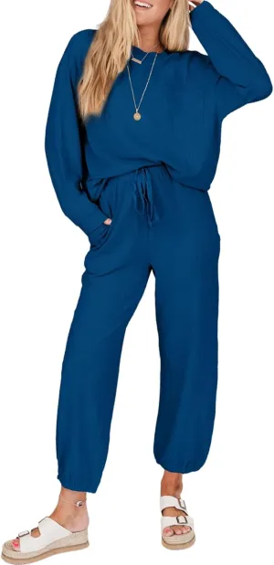 SHEWIN Women's 2 Piece Outfits Waffle Knit Lounge Sets Casual Long Sleeve Pullover Drawstring Jogger Pants Tracksuit Set