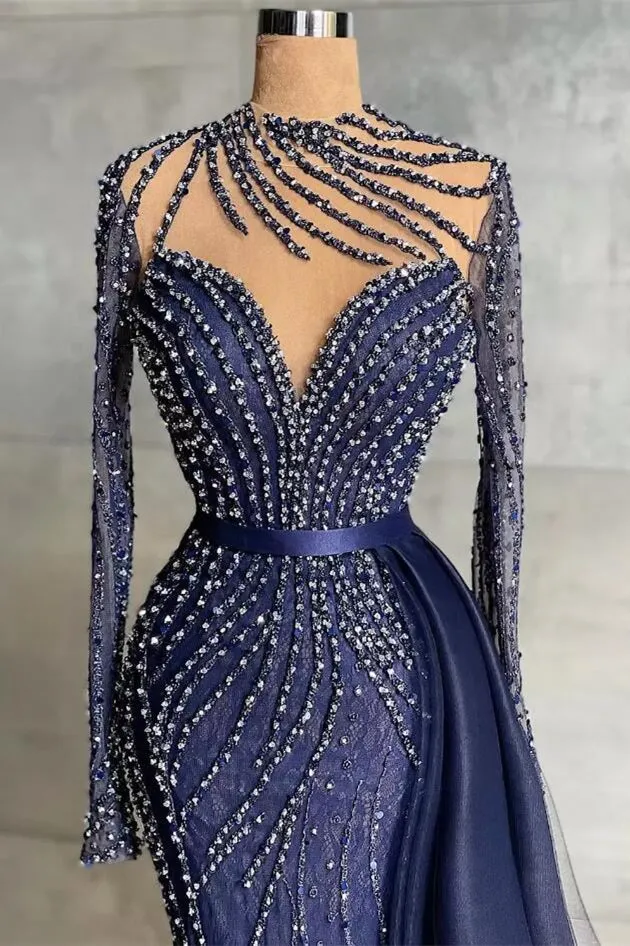 Stylish High Neck Navy Mermaid Evening Dress with Detachable Tulle Train Crystals Beads Long Prom Dress