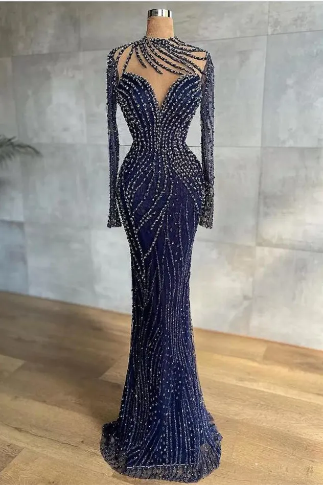 Stylish High Neck Navy Mermaid Evening Dress with Detachable Tulle Train Crystals Beads Long Prom Dress