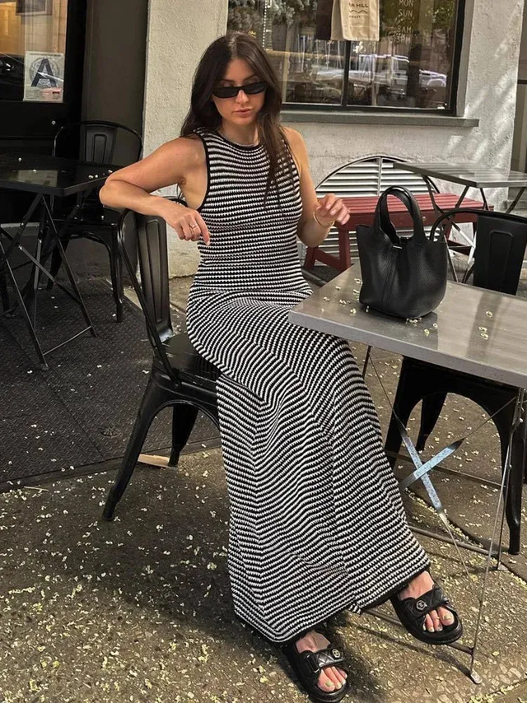 Summer Striped Beach Sexy Hollow Out Slim Stylish Maxi Dress