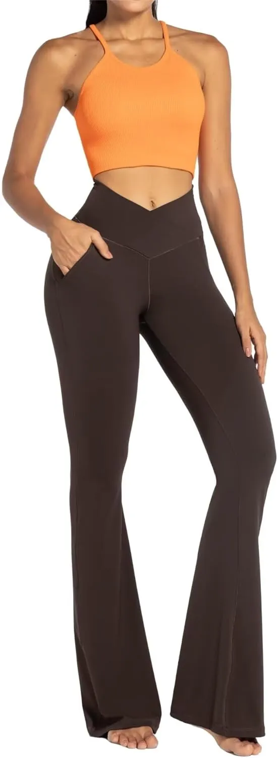 Sunzel Flare Leggings for Women with Pockets, Crossover Yoga Pants with Tummy Control, High Waisted and Wide Leg