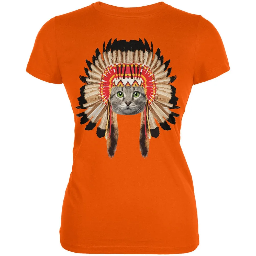 Thanksgiving Funny Cat Native American Juniors Soft T-Shirt