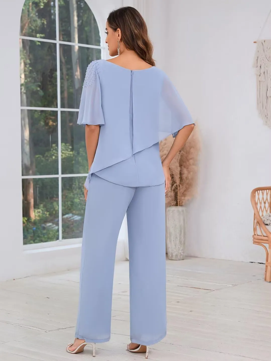 TORYEMY Mother of The Bride Pant Suits for Wedding Chiffon Short Sleeve Formal Evening Outfit with Bead