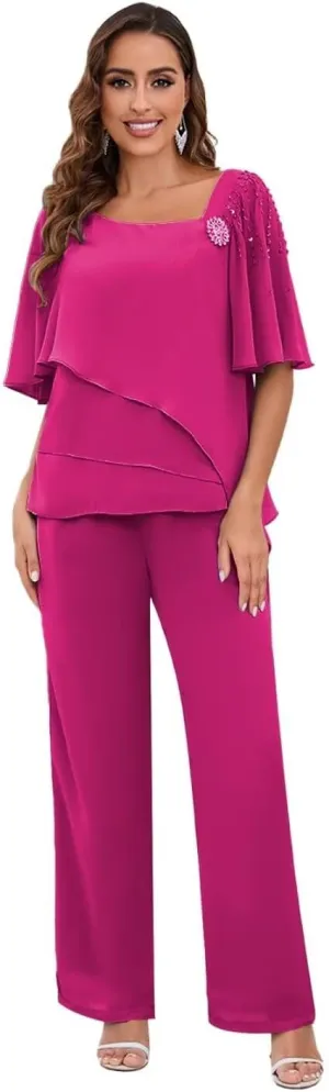 TORYEMY Mother of The Bride Pant Suits for Wedding Chiffon Short Sleeve Formal Evening Outfit with Bead
