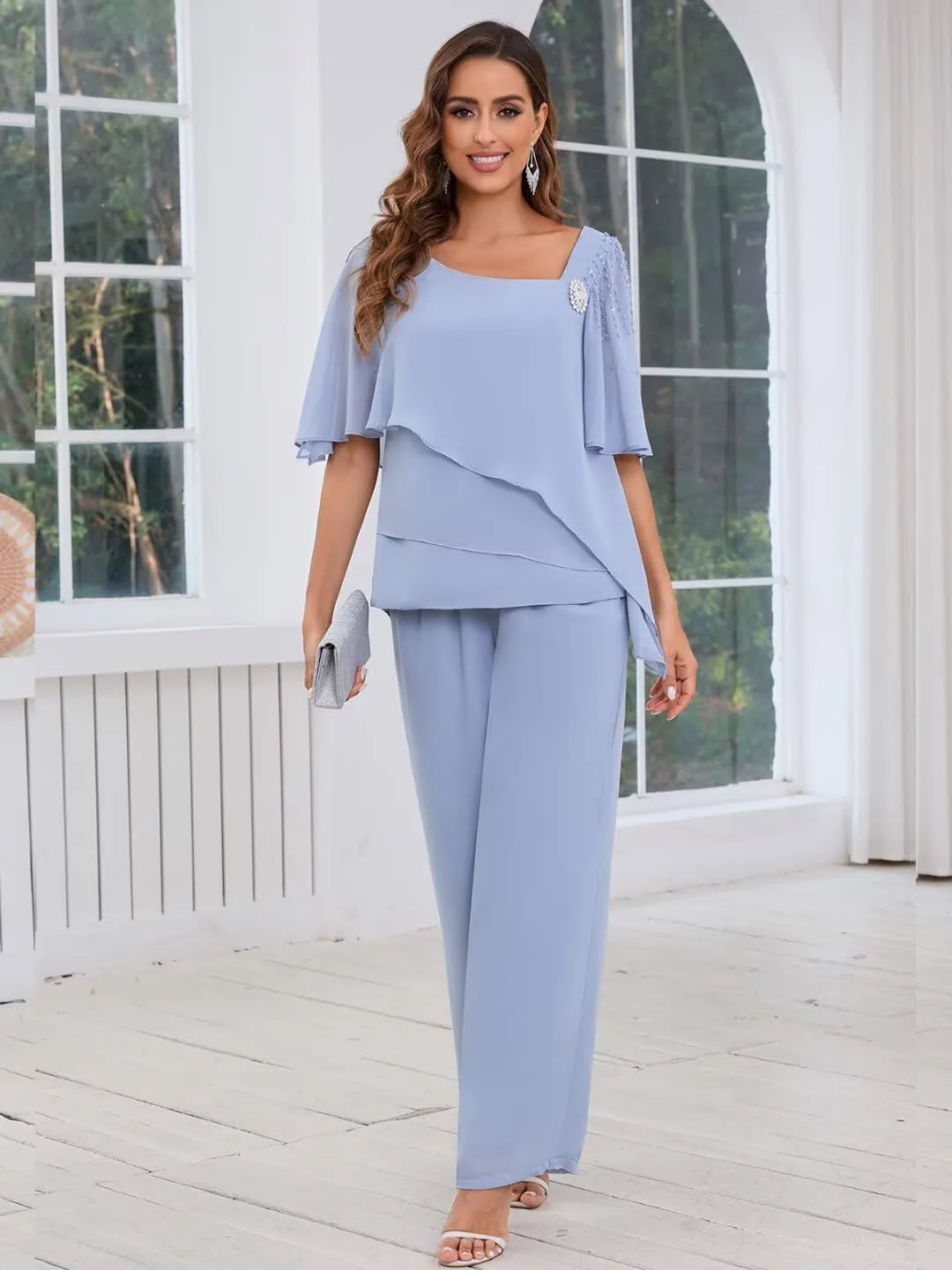 TORYEMY Mother of The Bride Pant Suits for Wedding Chiffon Short Sleeve Formal Evening Outfit with Bead