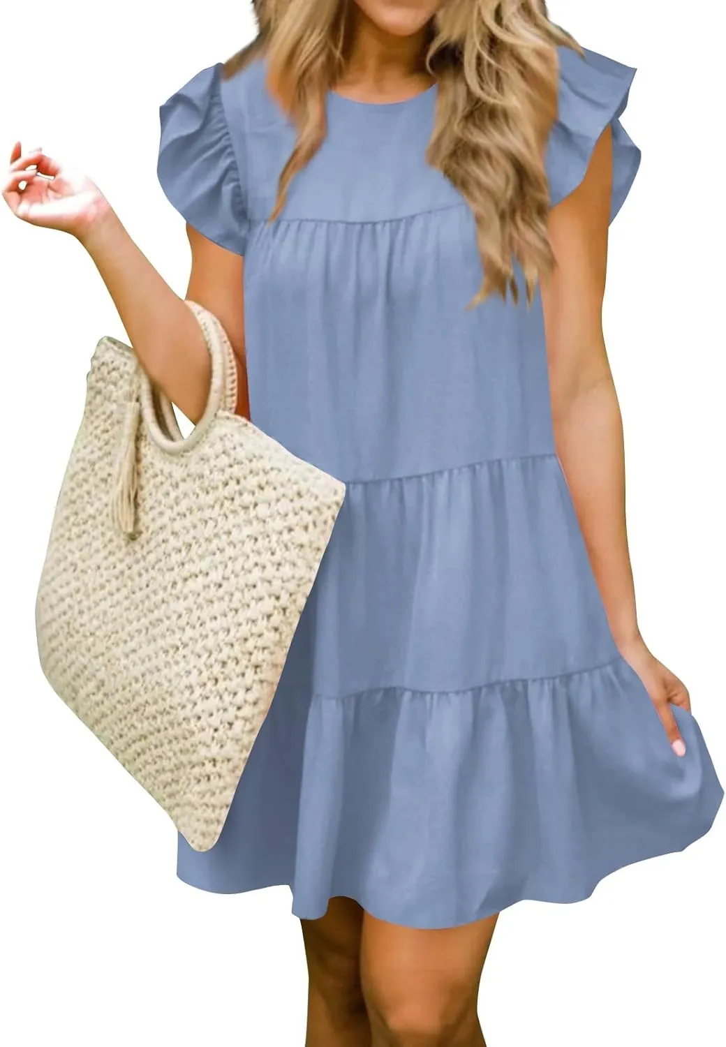 Tshirt Dress Women Cute Summer Ruffle Cap Sleeve Empire Waist Patchwork Fit and Flare Dress Short Mini Sundress