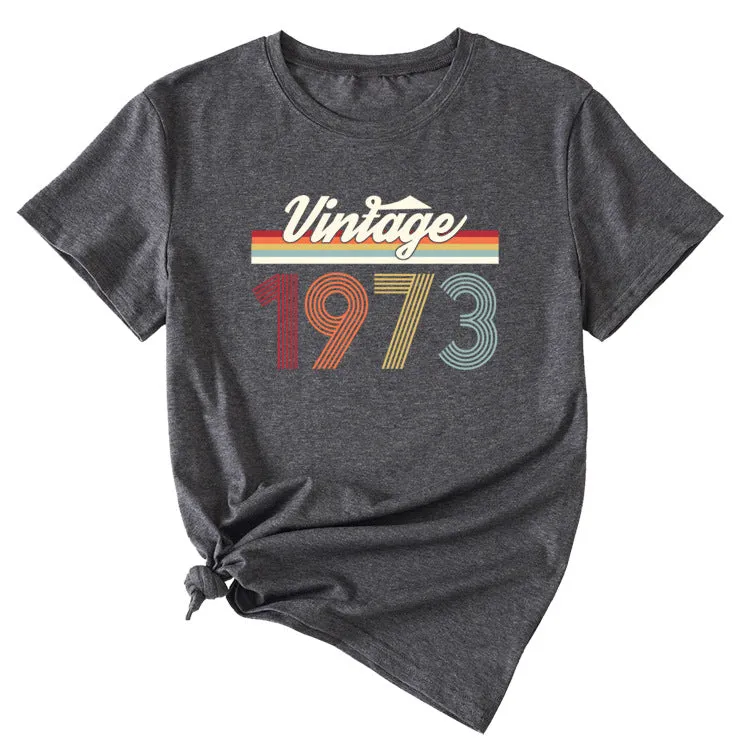 VINTAGE 1973 Womens Summer Fashion Casual Round Neck Short-sleeved Shirt