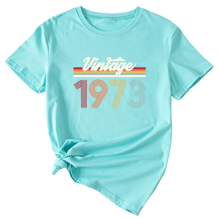 VINTAGE 1973 Womens Summer Fashion Casual Round Neck Short-sleeved Shirt