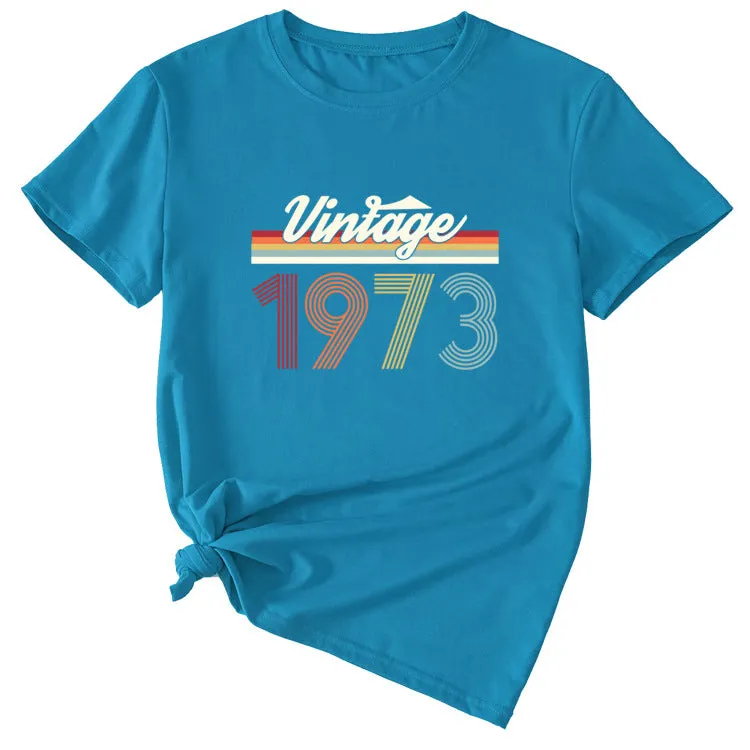 VINTAGE 1973 Womens Summer Fashion Casual Round Neck Short-sleeved Shirt