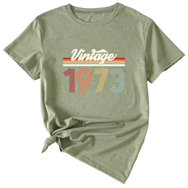 VINTAGE 1973 Womens Summer Fashion Casual Round Neck Short-sleeved Shirt