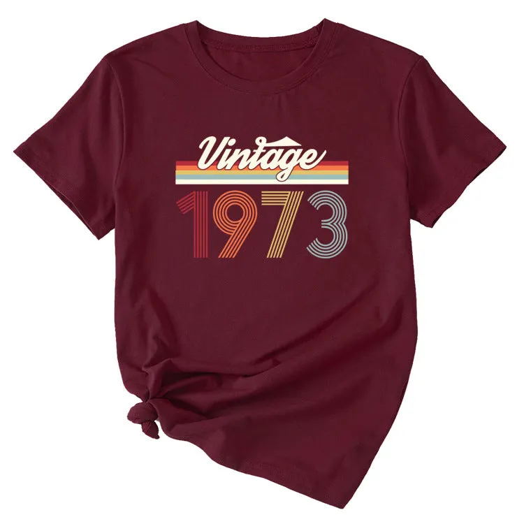 VINTAGE 1973 Womens Summer Fashion Casual Round Neck Short-sleeved Shirt