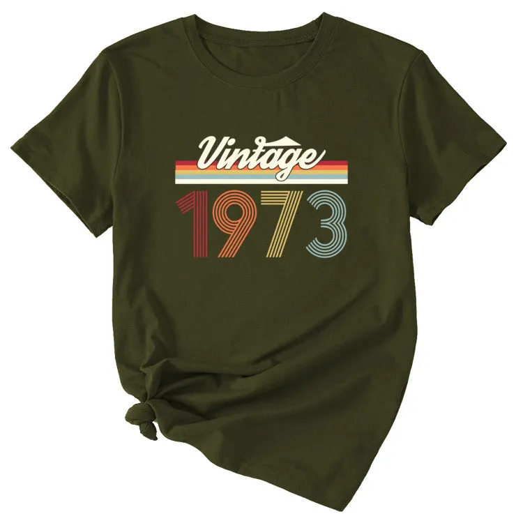 VINTAGE 1973 Womens Summer Fashion Casual Round Neck Short-sleeved Shirt