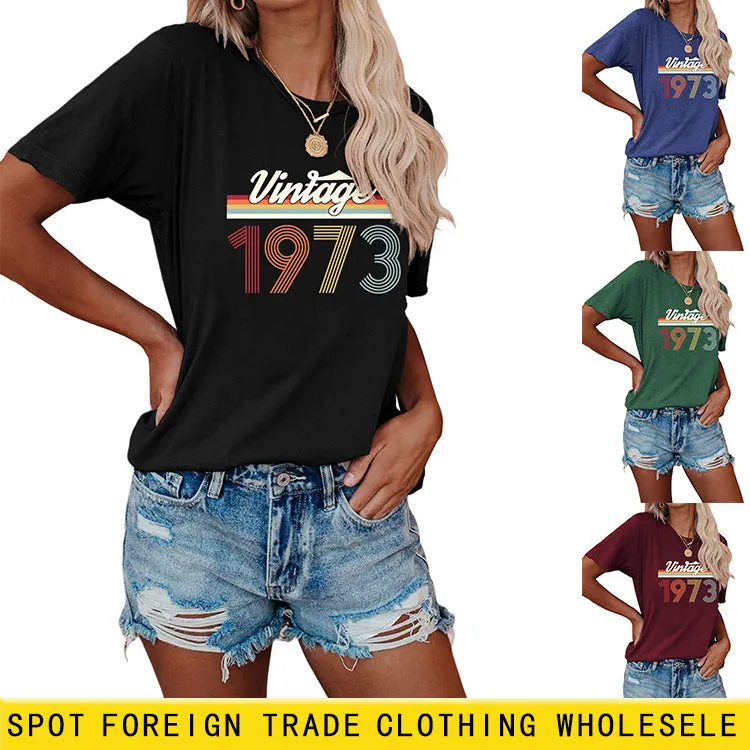 VINTAGE 1973 Womens Summer Fashion Casual Round Neck Short-sleeved Shirt