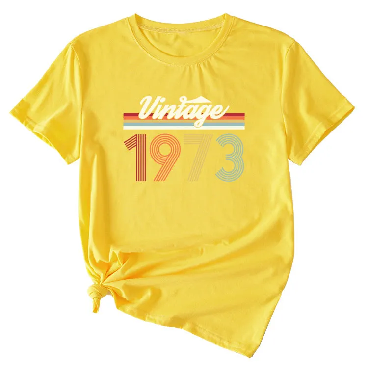 VINTAGE 1973 Womens Summer Fashion Casual Round Neck Short-sleeved Shirt
