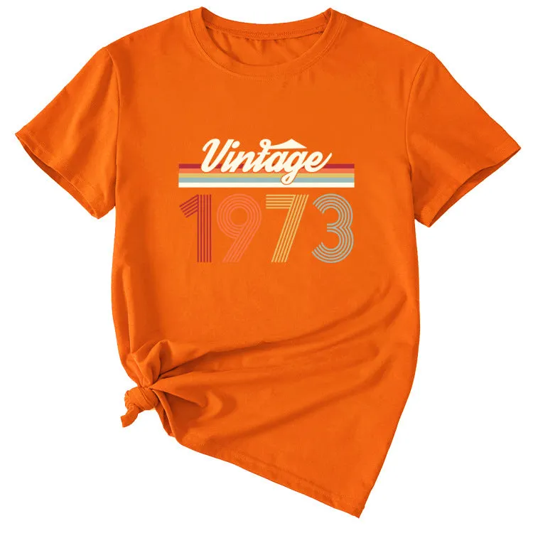 VINTAGE 1973 Womens Summer Fashion Casual Round Neck Short-sleeved Shirt