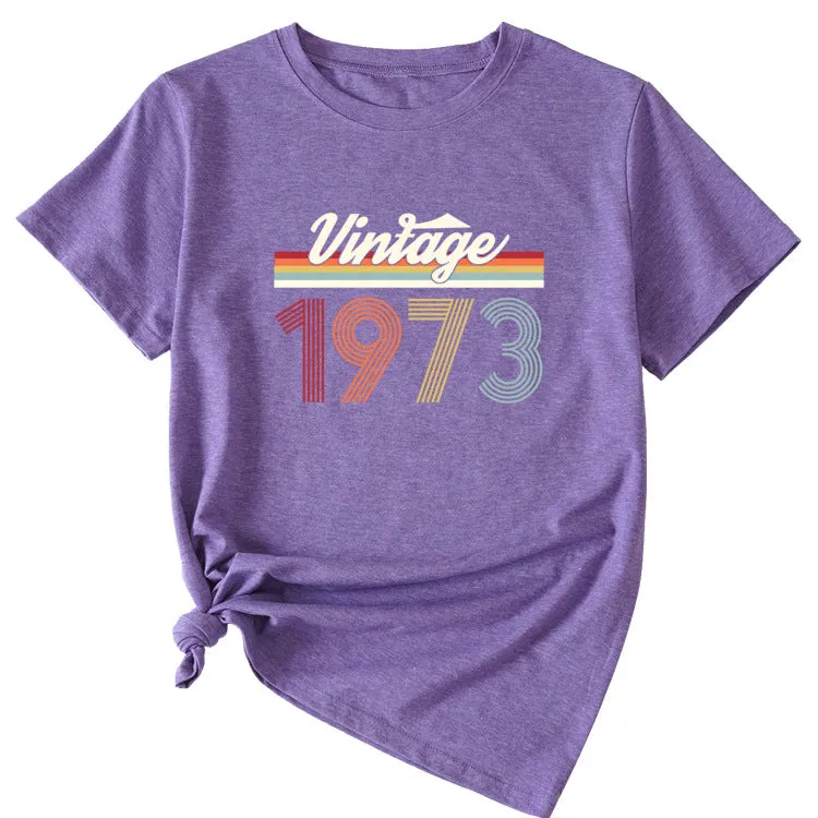 VINTAGE 1973 Womens Summer Fashion Casual Round Neck Short-sleeved Shirt