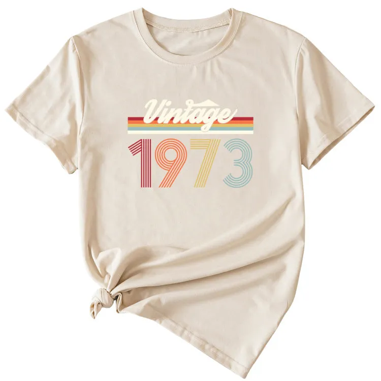 VINTAGE 1973 Womens Summer Fashion Casual Round Neck Short-sleeved Shirt