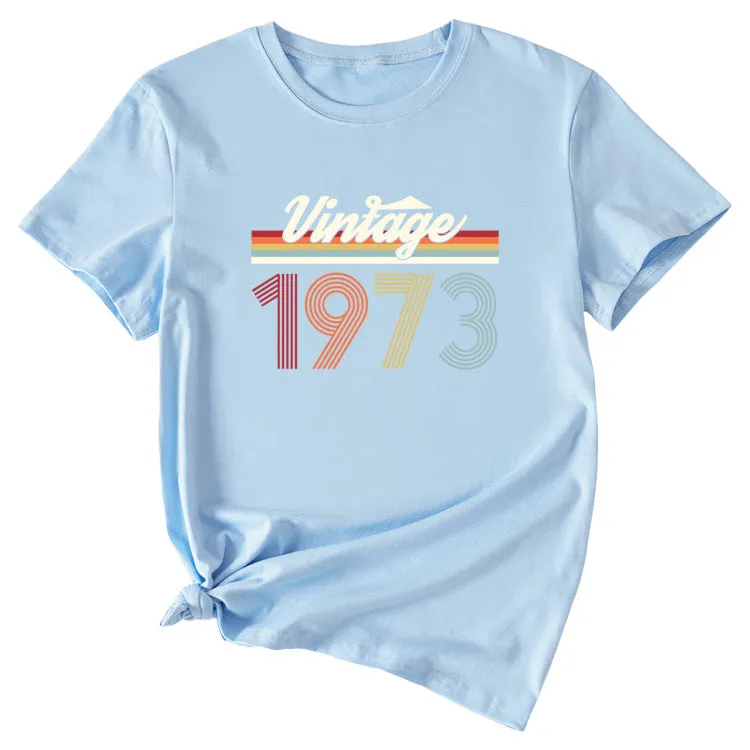 VINTAGE 1973 Womens Summer Fashion Casual Round Neck Short-sleeved Shirt