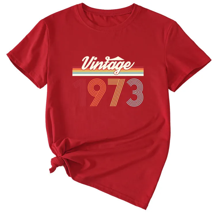 VINTAGE 1973 Womens Summer Fashion Casual Round Neck Short-sleeved Shirt