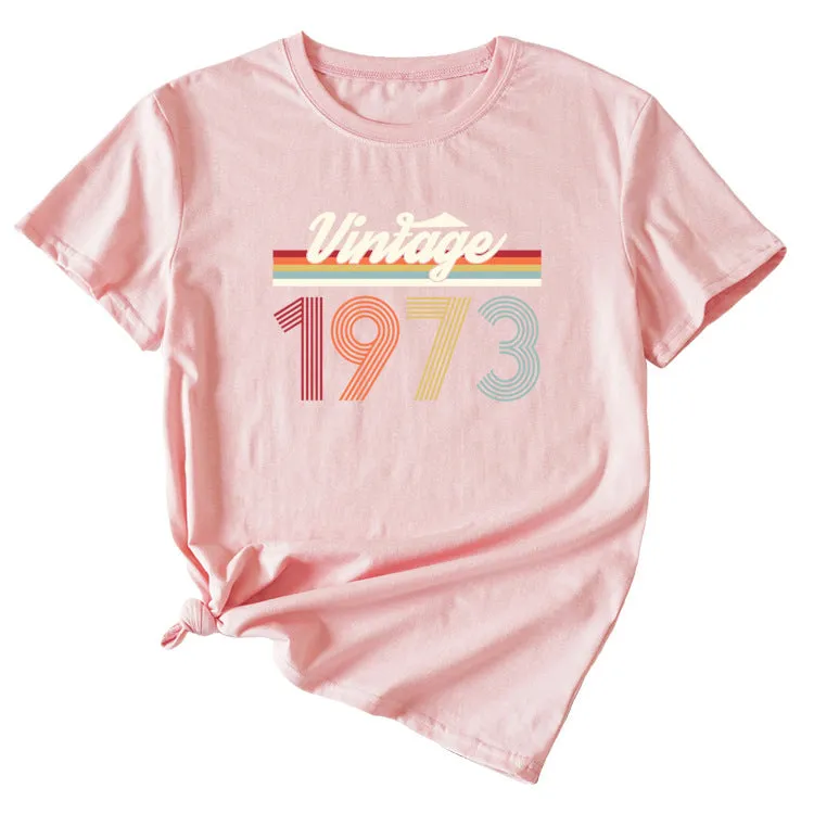 VINTAGE 1973 Womens Summer Fashion Casual Round Neck Short-sleeved Shirt