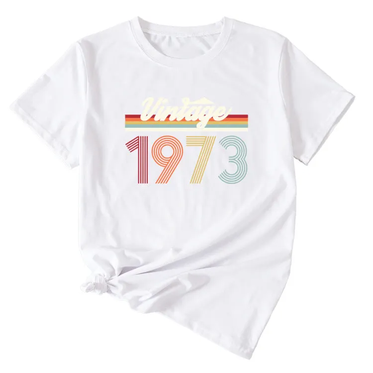 VINTAGE 1973 Womens Summer Fashion Casual Round Neck Short-sleeved Shirt