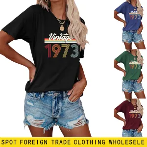 VINTAGE 1973 Womens Summer Fashion Casual Round Neck Short-sleeved Shirt