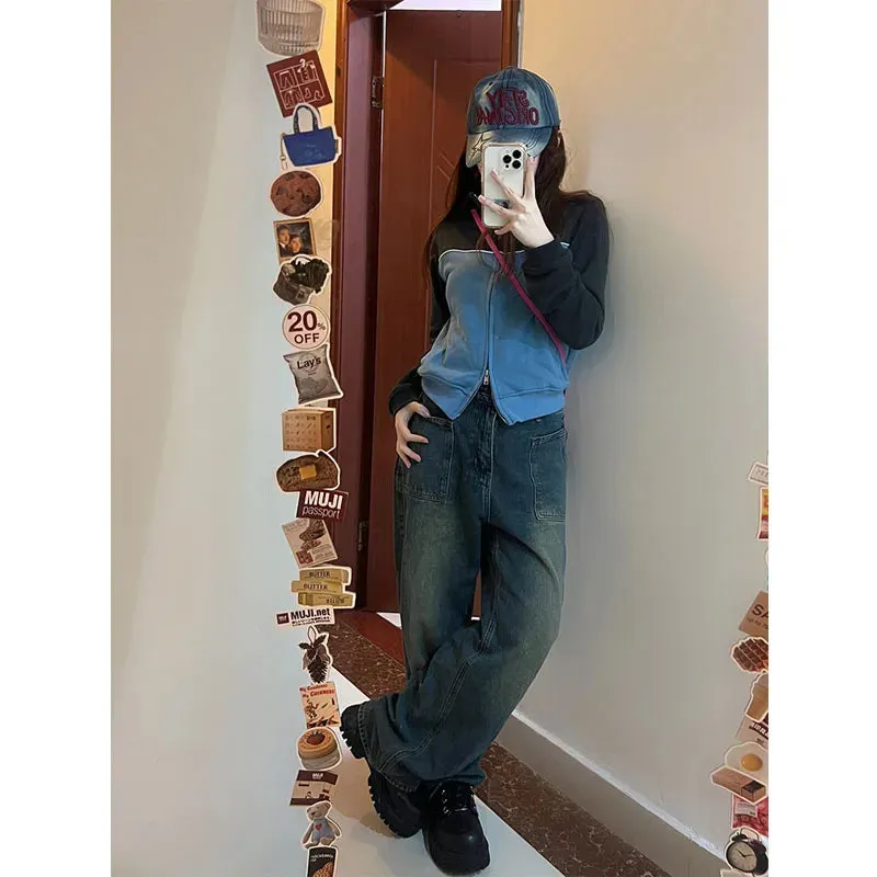 Vintage Zip Up Sweatshirts Women Tracksuit Japanese Preppy Style Harajuku Y2k Cropped Hoodies Female American Retro
