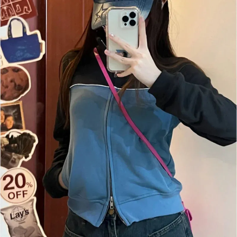 Vintage Zip Up Sweatshirts Women Tracksuit Japanese Preppy Style Harajuku Y2k Cropped Hoodies Female American Retro