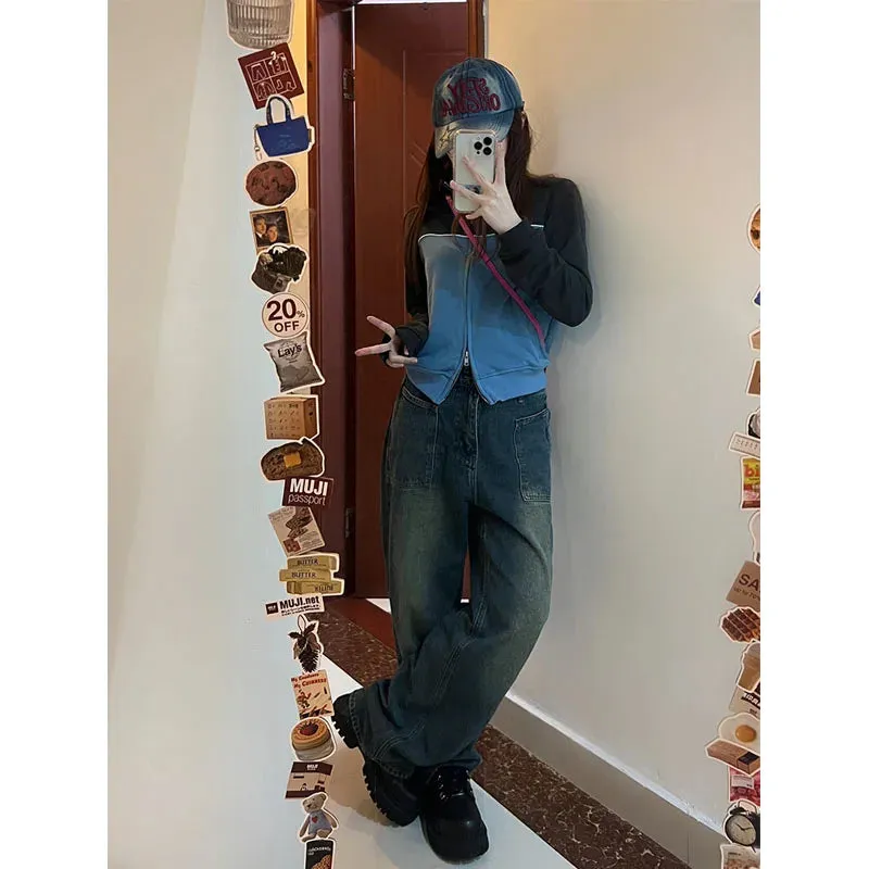 Vintage Zip Up Sweatshirts Women Tracksuit Japanese Preppy Style Harajuku Y2k Cropped Hoodies Female American Retro