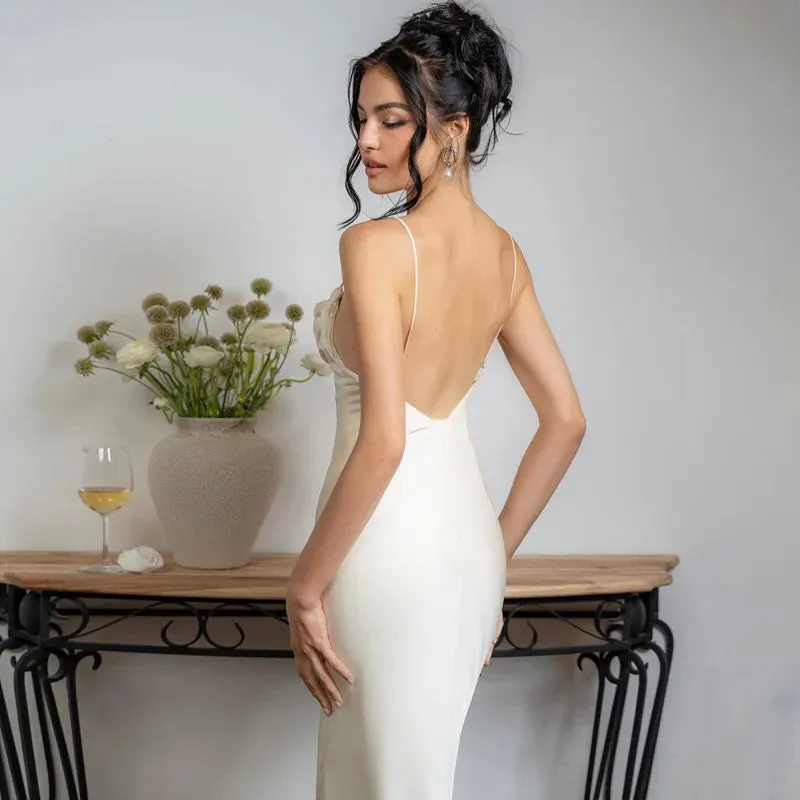 White Satin Sexy Spaghetti Straps Backless Fashionable V-neck Stylish Maxi Dress
