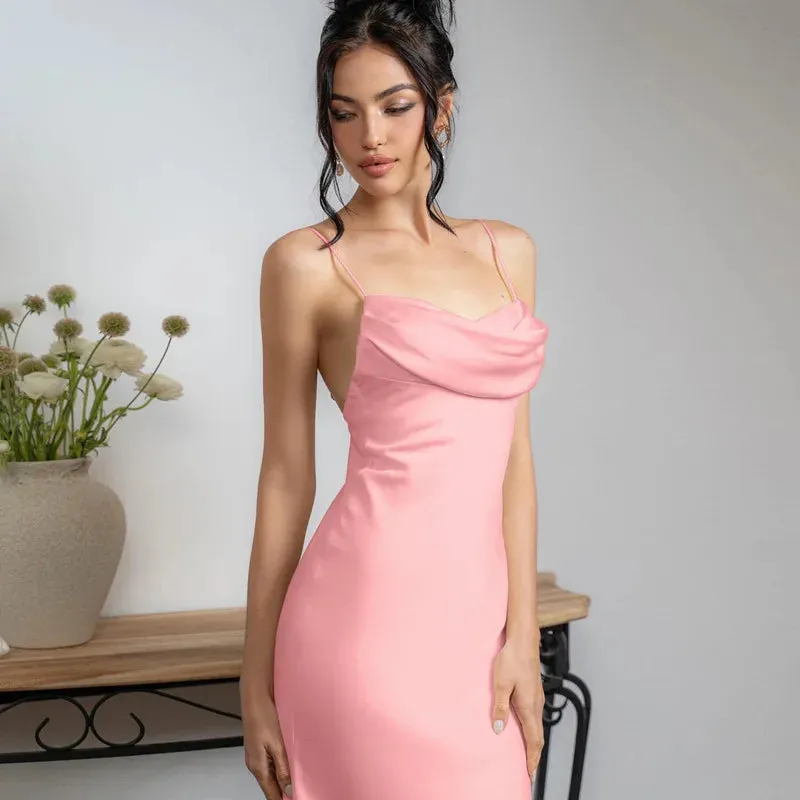 White Satin Sexy Spaghetti Straps Backless Fashionable V-neck Stylish Maxi Dress