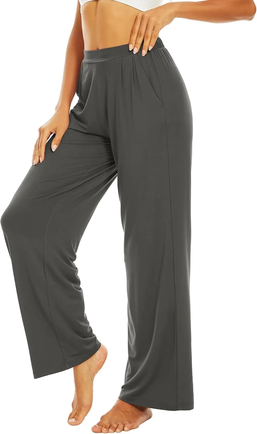 WiWi Women's Wide Leg Pajama Pants Casual Sleep Bottoms Palazzo Yoga Sweatpants Pant with Pockets Viscose from Bamboo S-XXL