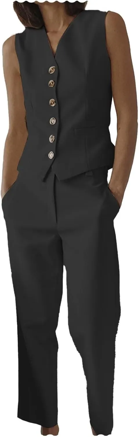 Women's 2 Piece Pant Suit V Neck Waistcoat Slim Fit Vest Summer Set